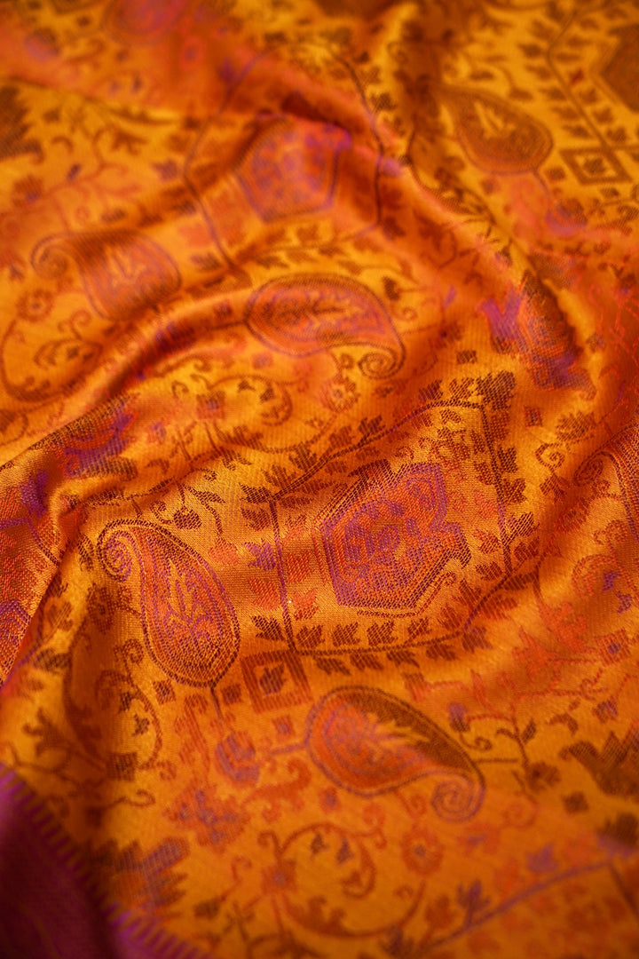 Mustard Yellow Handwoven Banarasi Tanchoi Silk Saree with Resham Art
