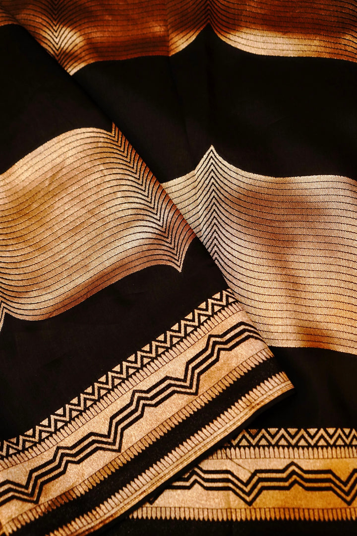 Black Banarasi Muga Crepe Contemporary Saree