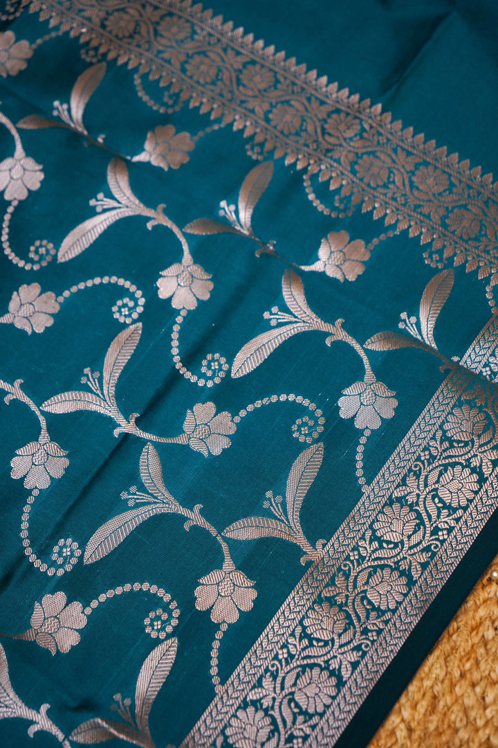 Teal Green Banarasi Ghat Design Modal Silk Unstitched Suit Set View 3