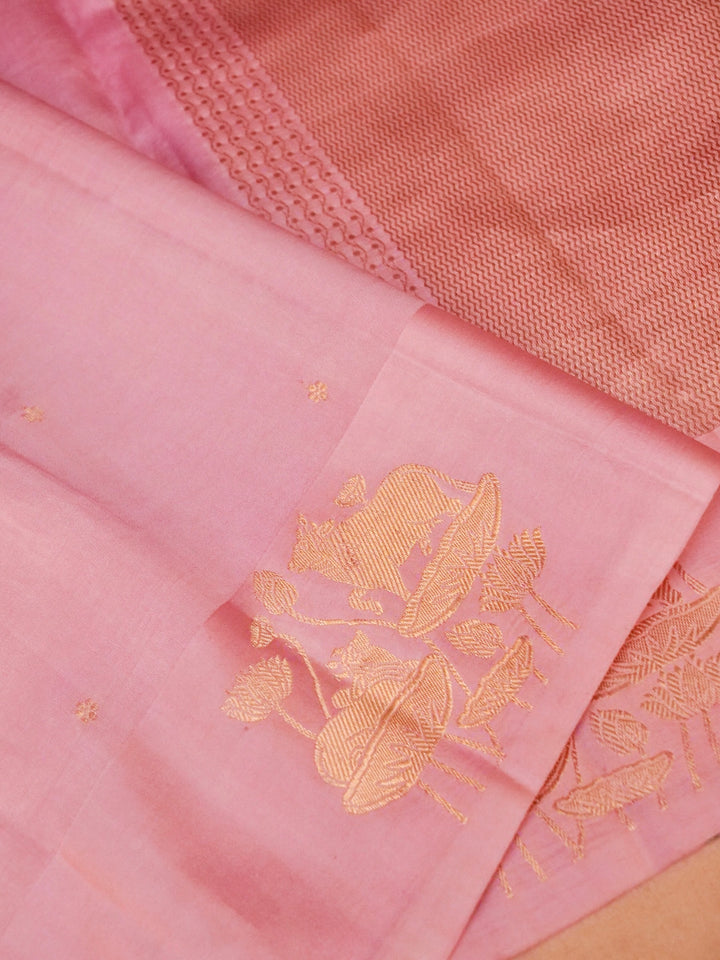 Handwoven Banarasi Pure Baby Pink Mashru Silk Saree with Zari Shikargah Weave View 3