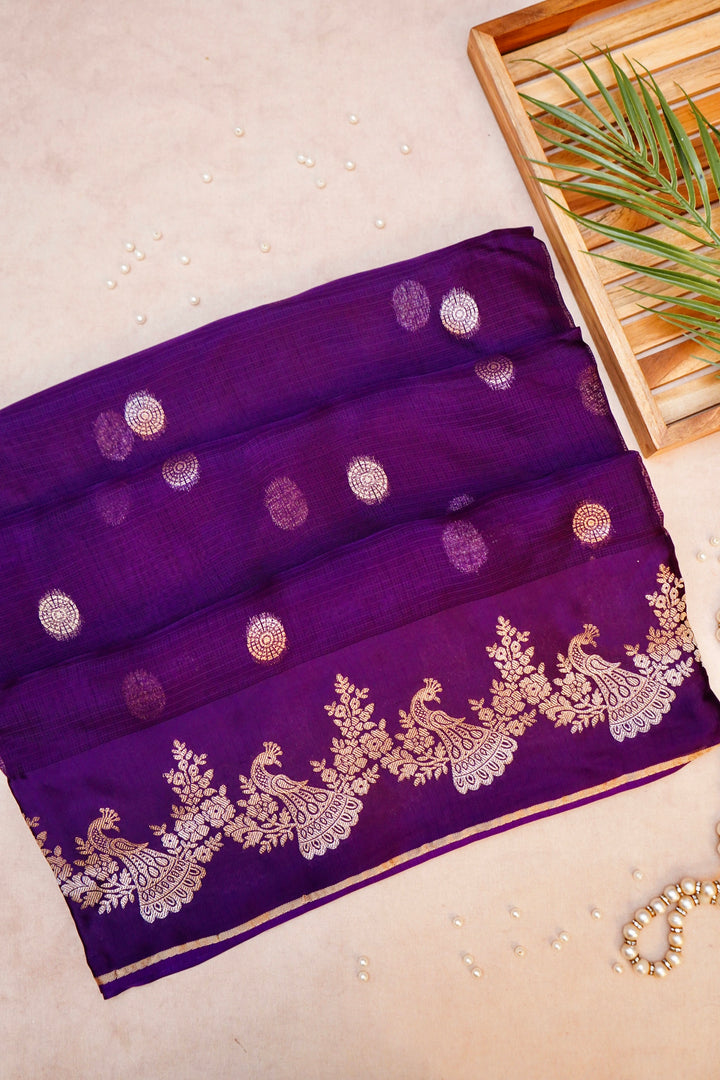 Purple Kota Check Saree with Birds Motif Silk Border