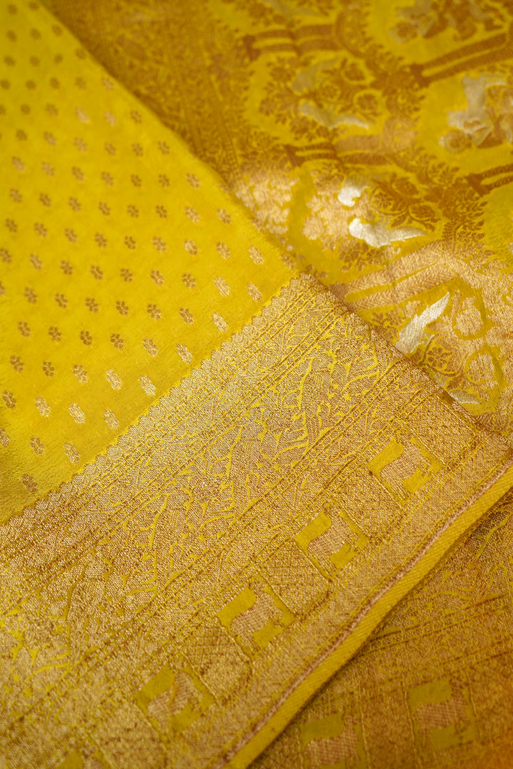 Radiant Mustard Yellow Banarasi Chinon Georgette Saree with Antique Zari Figure Motifs