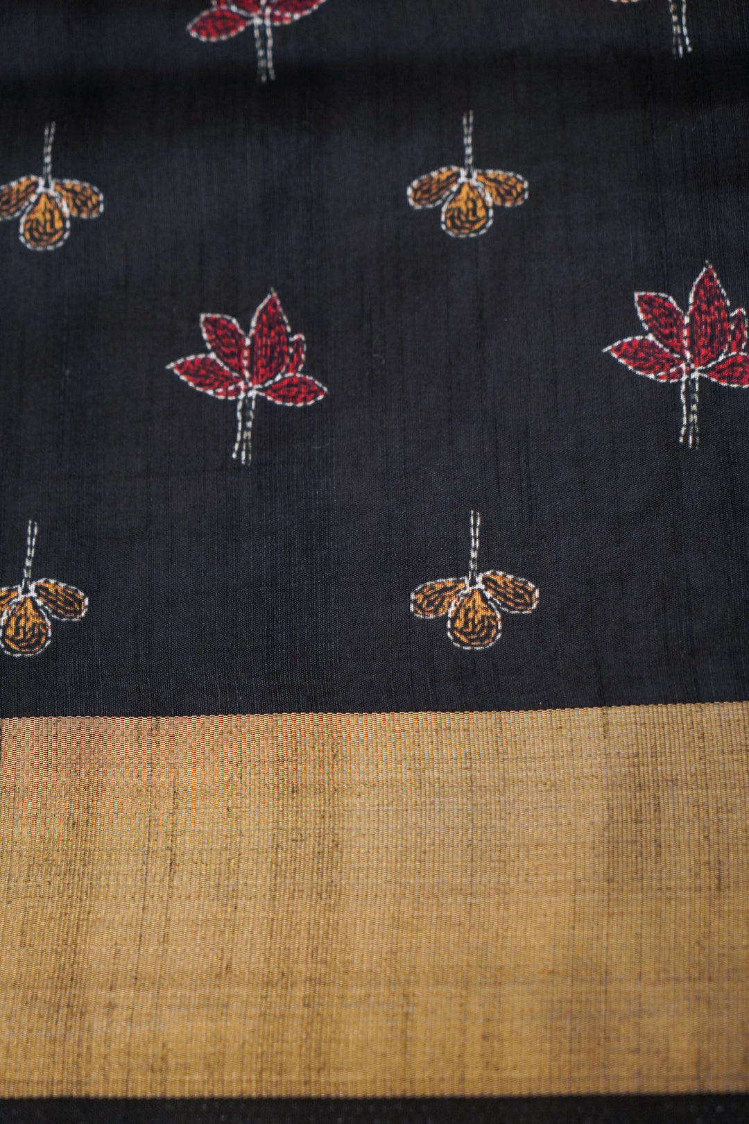 Black Tussar Silk Saree with Ajrak Animal Motif &amp; Meenakari Bootidar Weaving