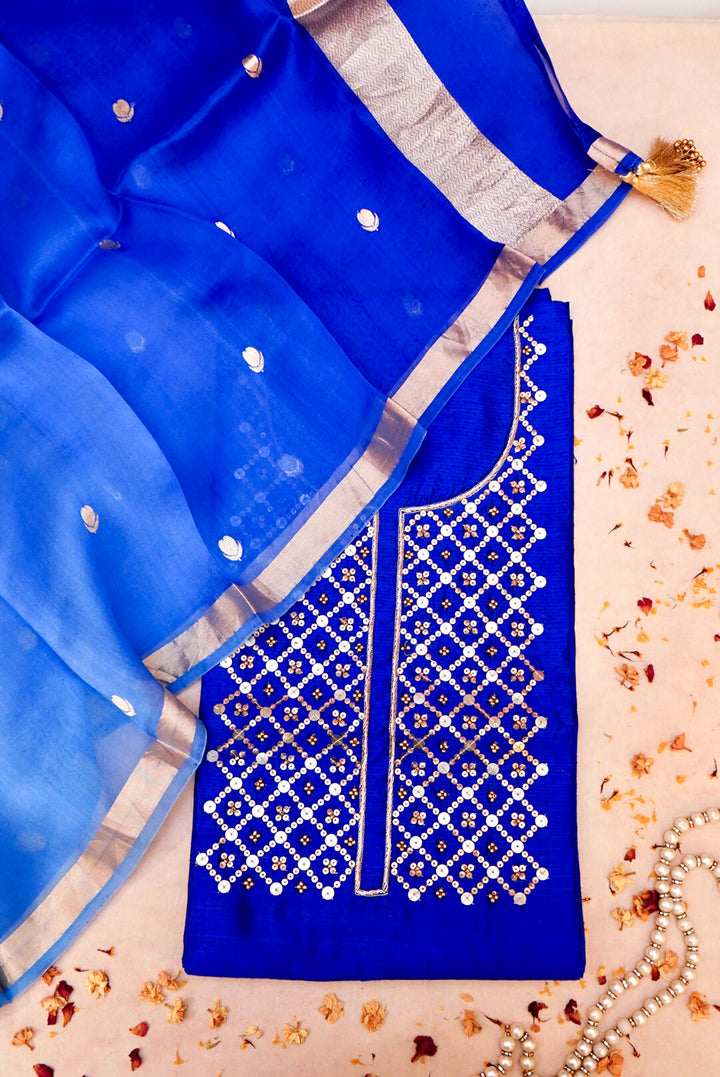 Royal Blue Handloom Raw Silk Suit with Organza Dupatta