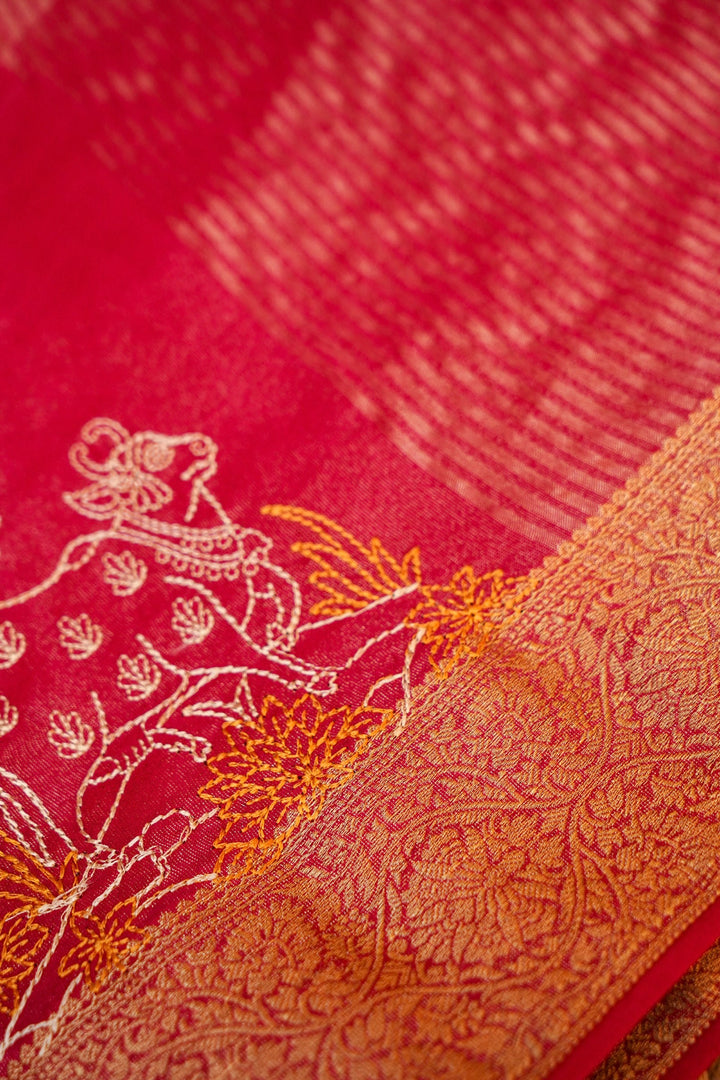 Rose Red Crepe Tissue Saree with Pichwai Resham Kadhai