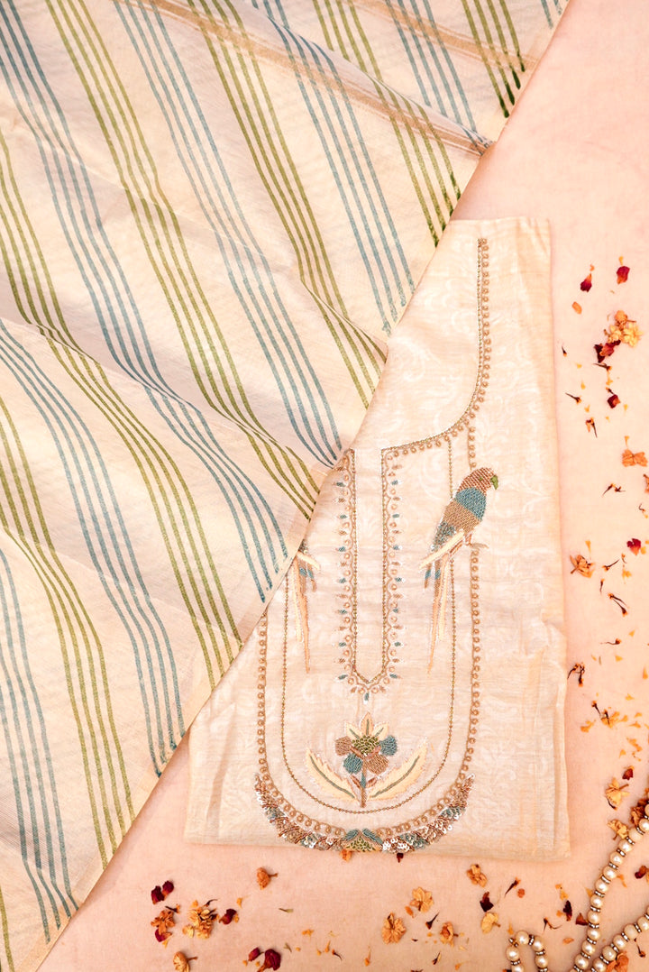 Rose Gold Chanderi Tissue Silk Suit with Handcrafted Zardozi & Resham Elegance