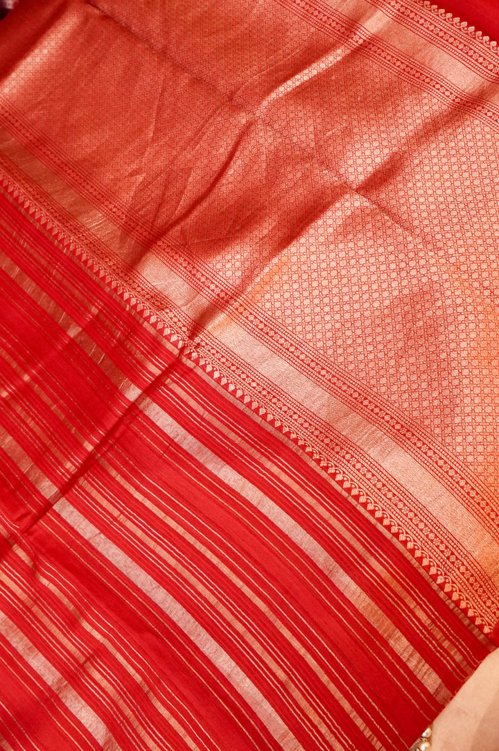 Bridal Red Pure Banarasi Silk Saree with Stripes & Shibori Weaving