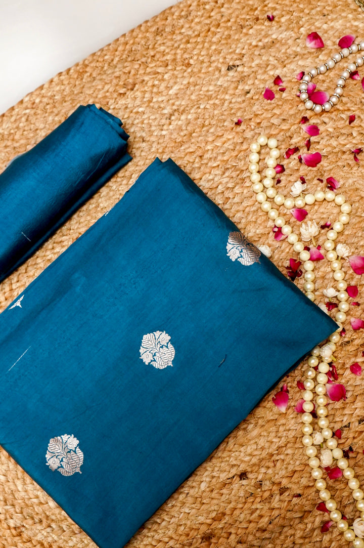 Teal Blue Modal Silk Co-Ord Set with Silver Zari Leaf Buti
