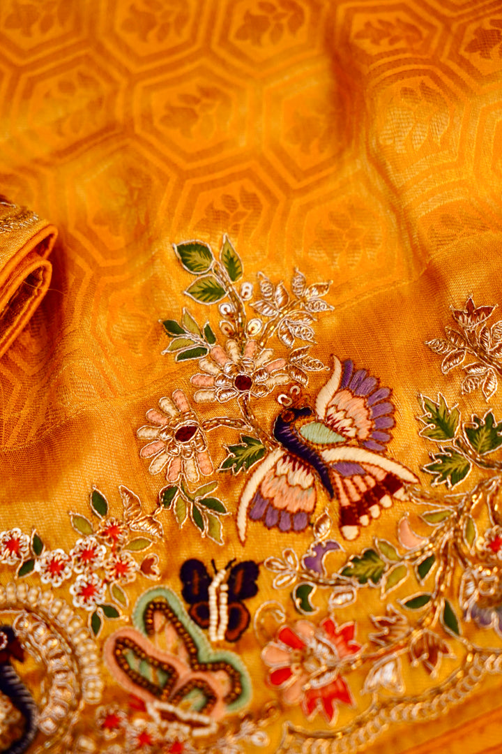 Haldi Ceremony Yellow Silk Brocade Saree with Meenakari Embroidery