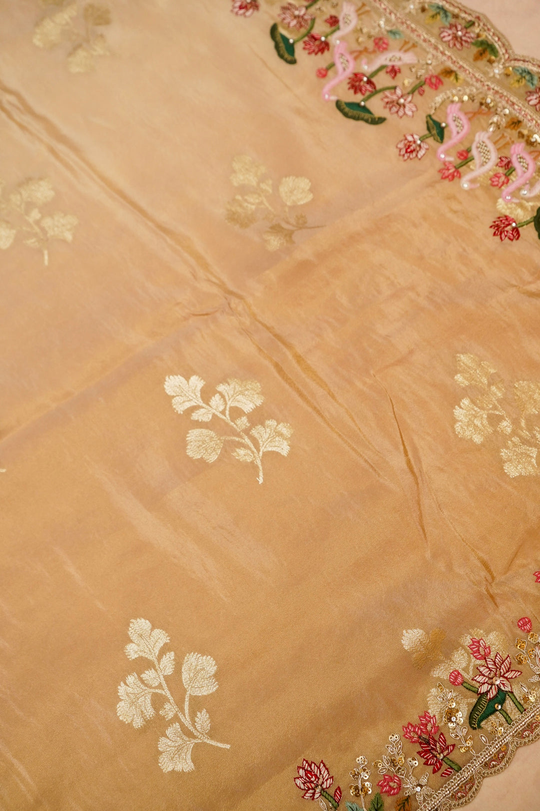 Beige Gold Lehenga Pattern Half Half Tissue Silk Meenakari Embroidery Saree View 6