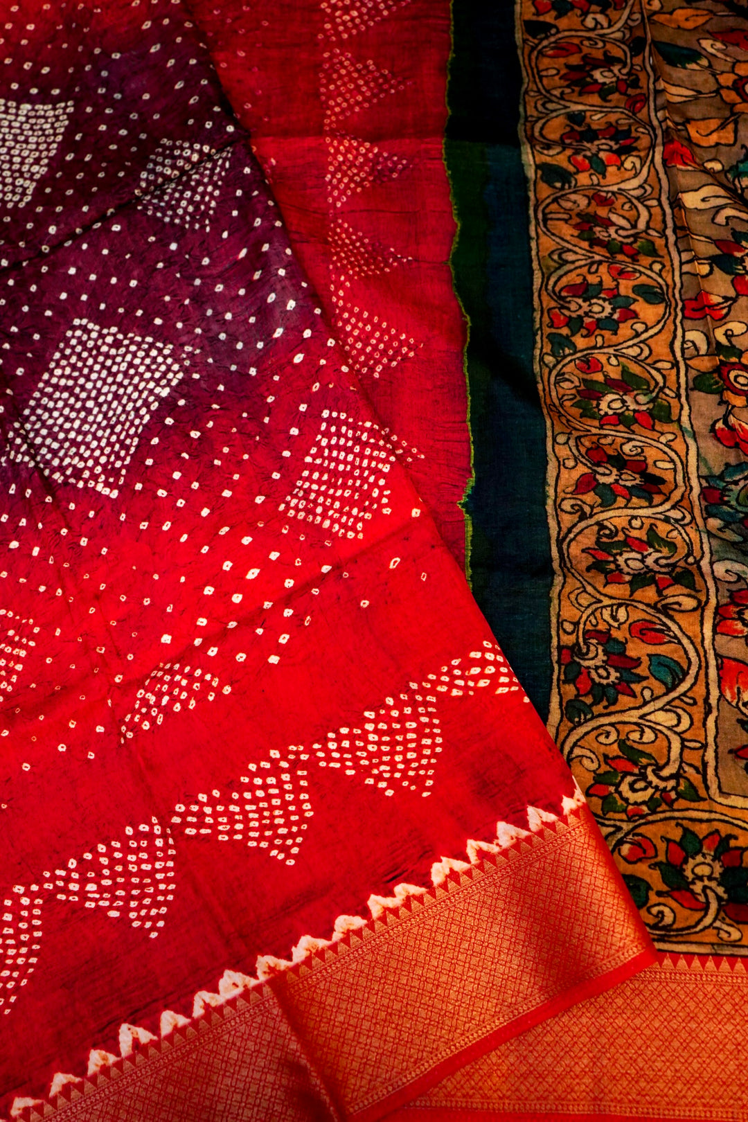 Elegant Kalamkari and Bandhej Printed Silk Saree