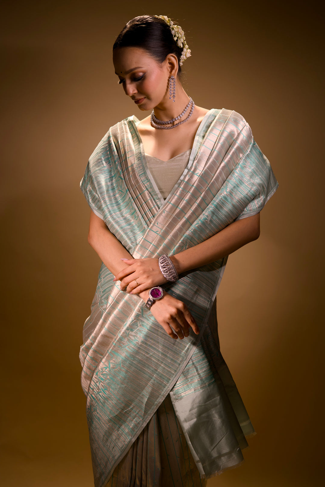 Handloom Pure Banarasi Brocade Silk Bamboo Shoot Inspired Contemporary Designer Saree View 3