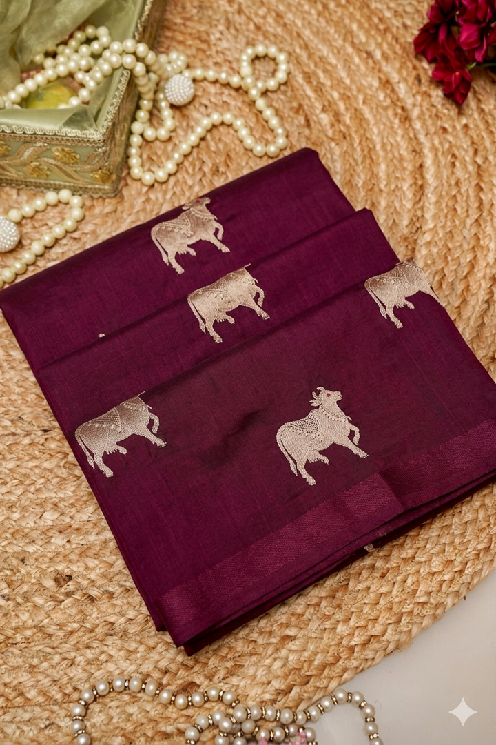 Wine Handwoven Banarasi Pure Puna Silk Saree with Zari Nandi Motif