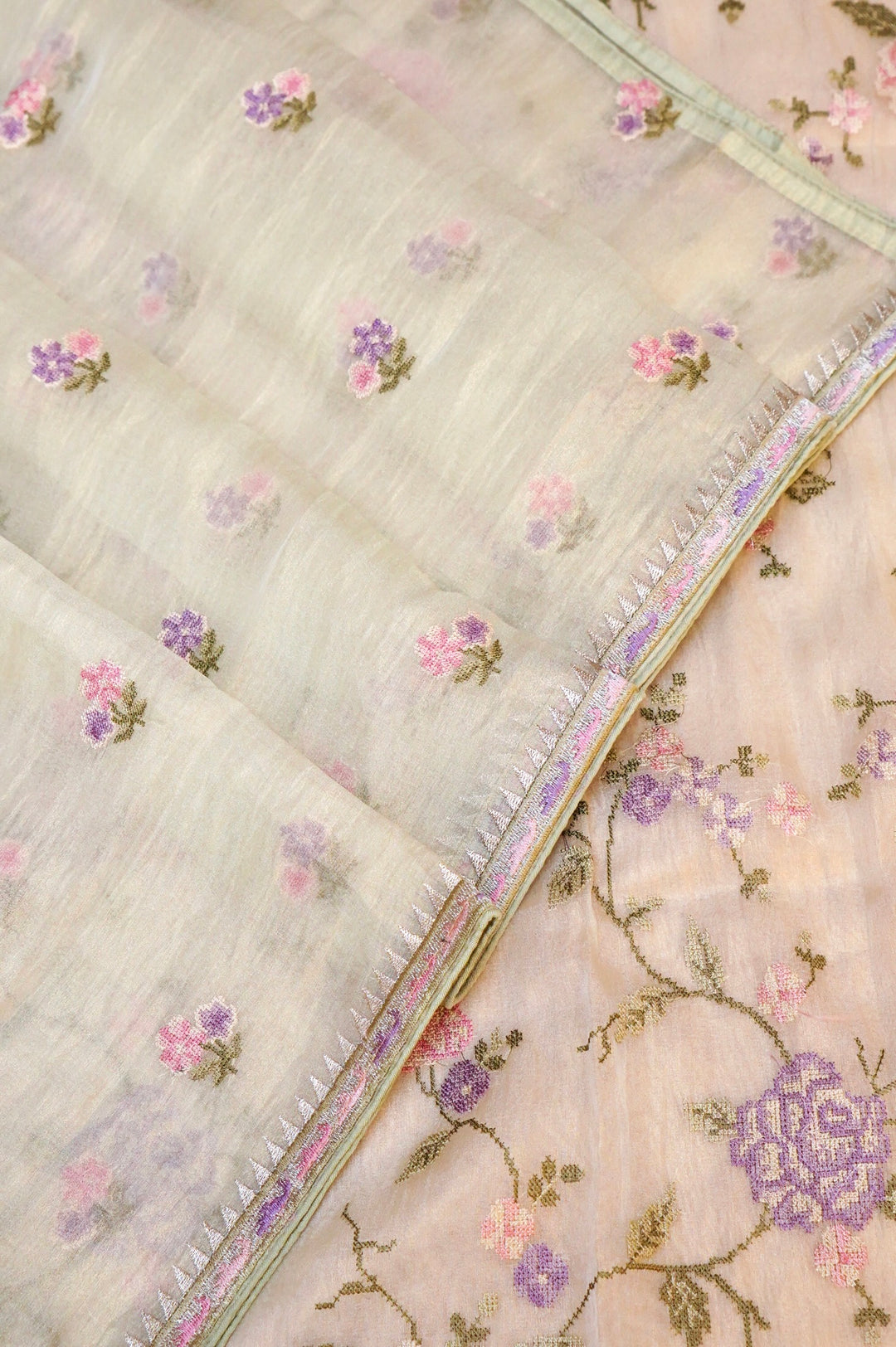 Beige Banarasi Crush Tissue Silk Suit Set with Embroidery Work