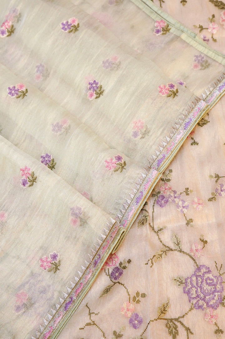 Beige Banarasi Crush Tissue Silk Suit Set with Embroidery Work