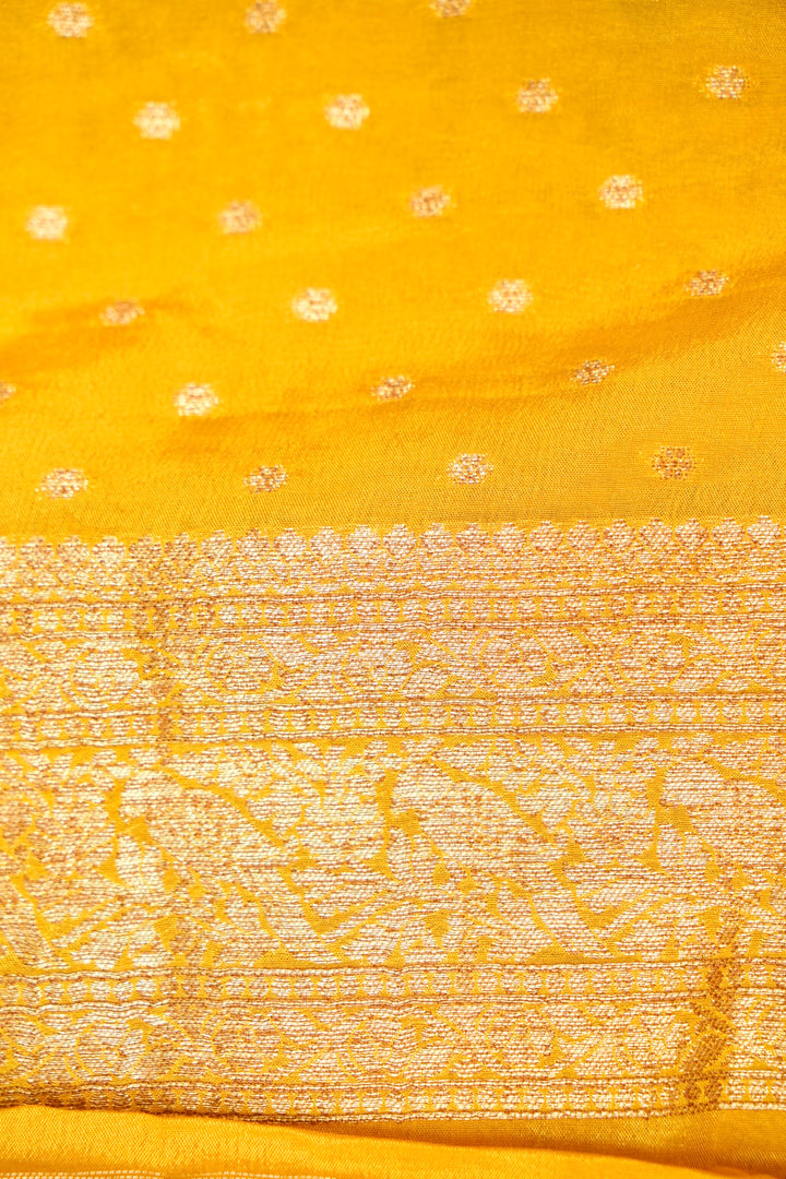 Antique Zari Weave Yellow Haldi Wear Pure Chinon Georgette Pichwai Saree