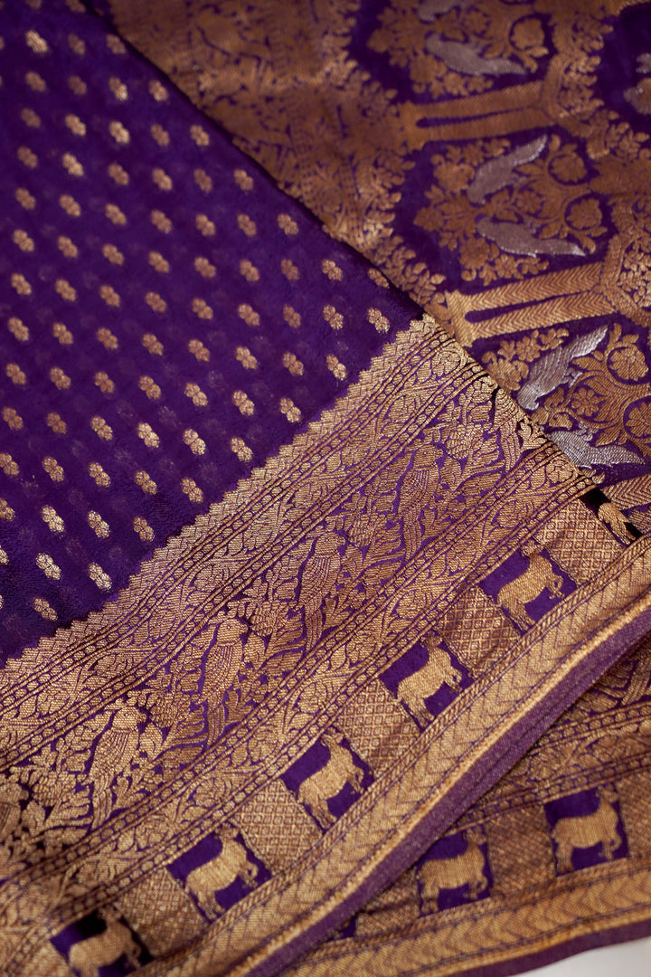 Royal Purple Banarasi Chinon Georgette Saree with Antique Zari Figure Motifs
