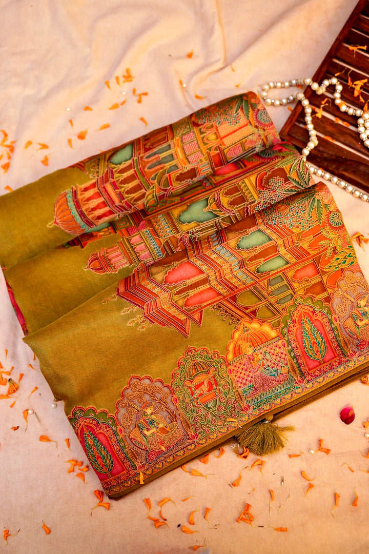 Amber Aura Mustard Crepe Silk Saree with Resham Woven Meenakari Pallu and Border