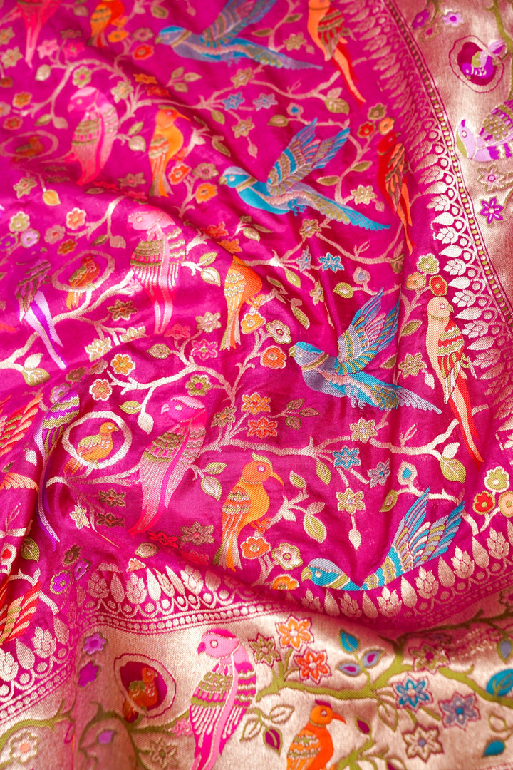Magenta Pink Pure Banarasi Handloom Katan Silk Kimkhwab Meenakari Birds Motif Saree