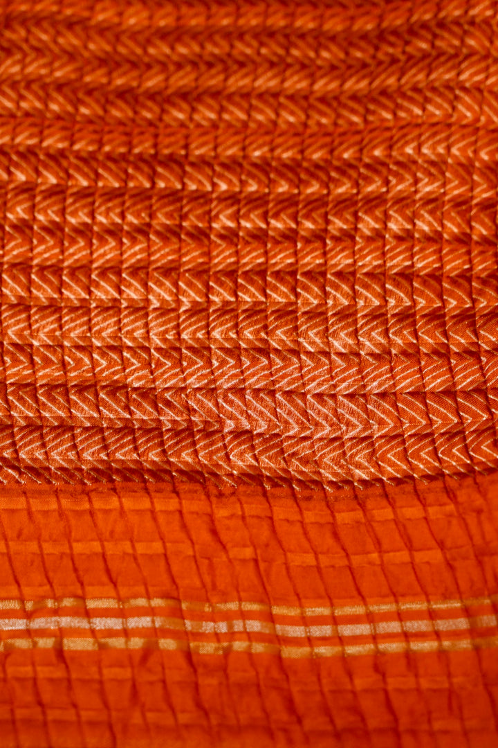 Rust Orange Checkered Grace Pure Banarasi Crush Organza Silk Saree Blouse