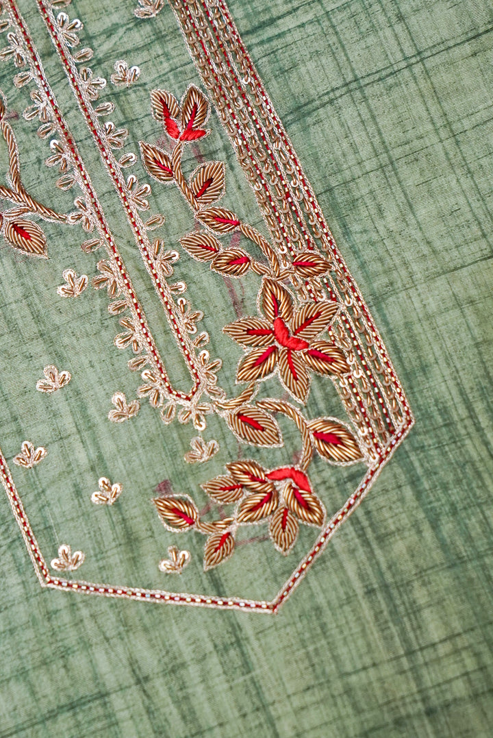 Sage Green Pure Banarasi Chanderi Silk Suit with Zardozi Embroidery and Leheriya Kota Dupatta