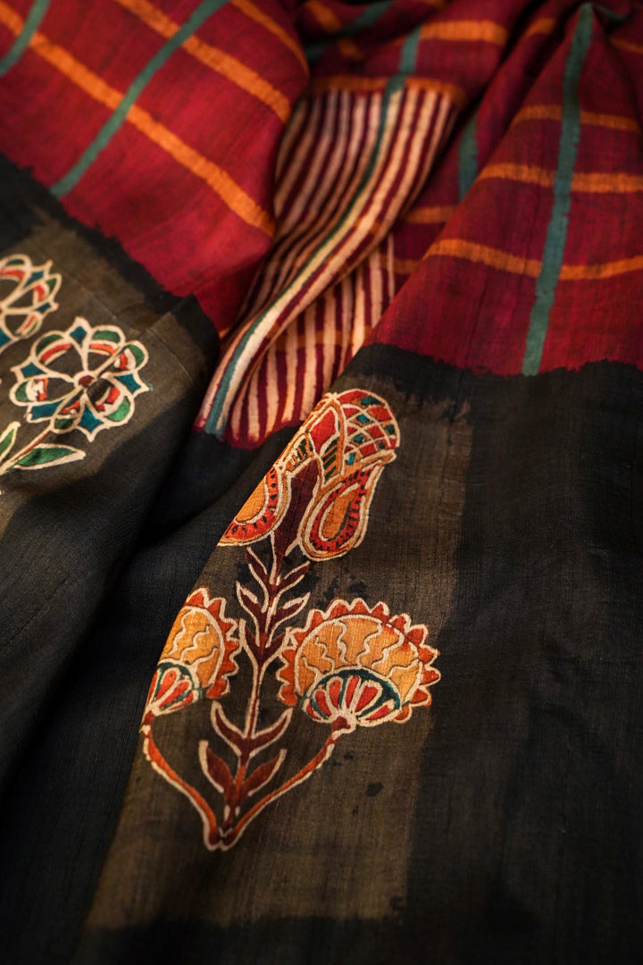 Black Tussar Silk Saree with Elegant Printed Check Pattern