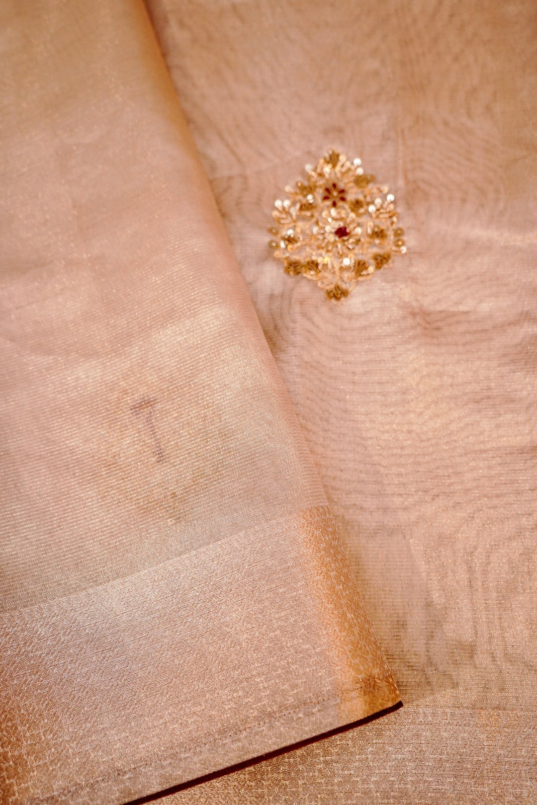Luxurious Rose Gold Pure Tissue Saree with Antique Zardozi Embroidery