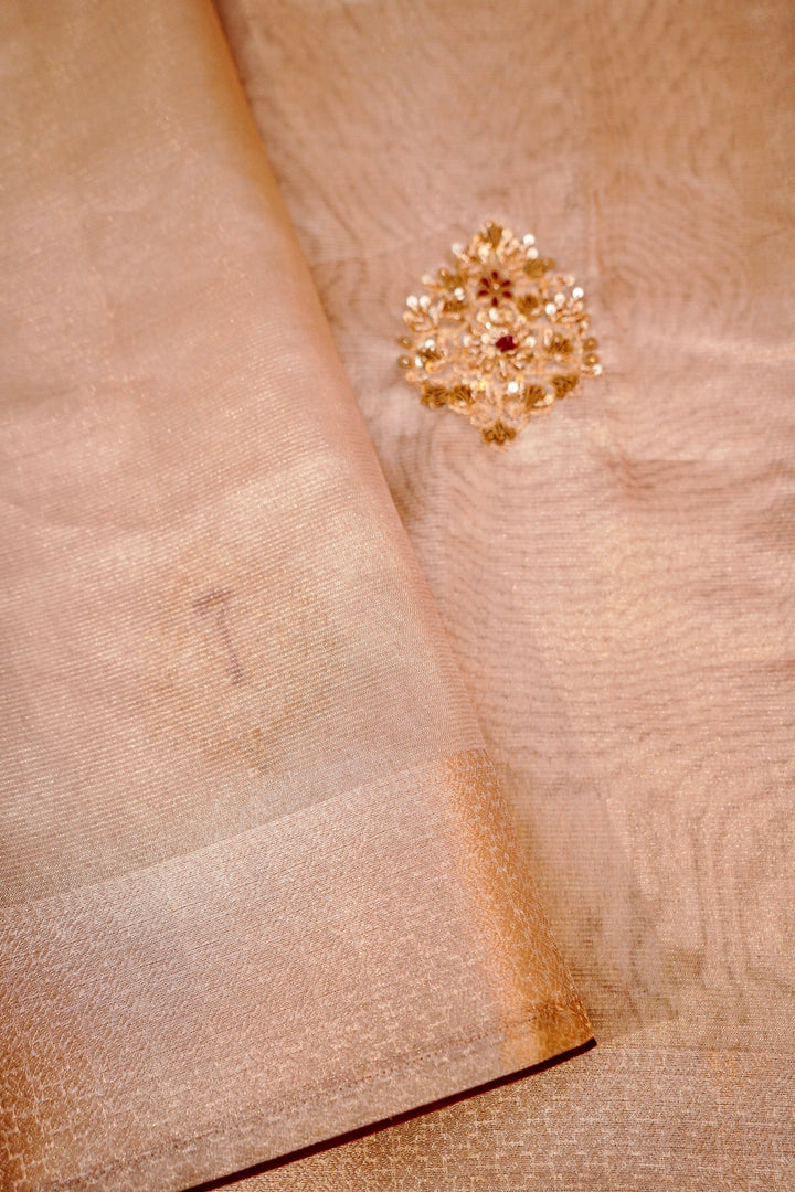 Luxurious Rose Gold Pure Tissue Saree with Antique Zardozi Embroidery
