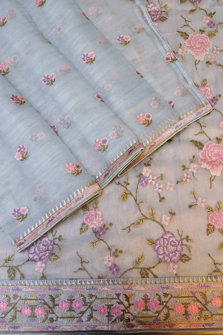 Sky Blue Banarasi Crush Tissue Silk Suit Set with Embroidery Work