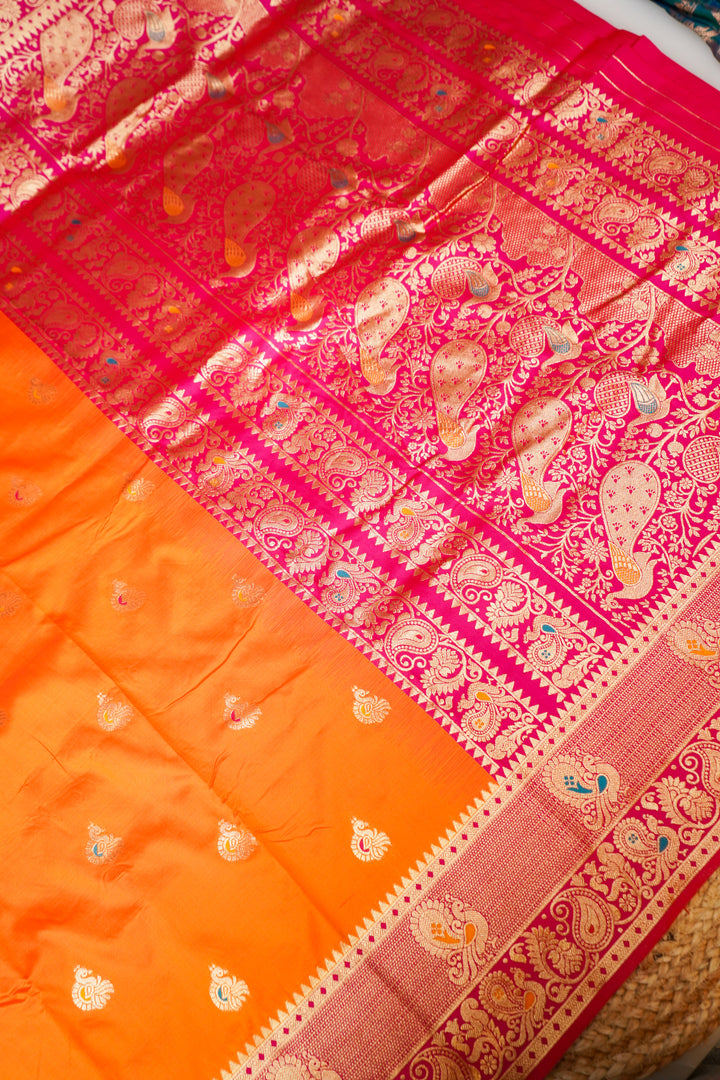 Orange Soft Silk Kanjivaram Inspired Bird Motifs Saree with Contrast Border Pallu