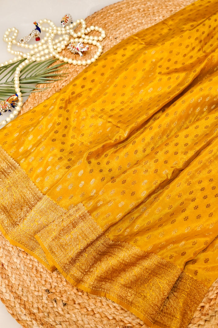 Antique Zari Weave Yellow Haldi Wear Pure Chinon Georgette Pichwai Saree