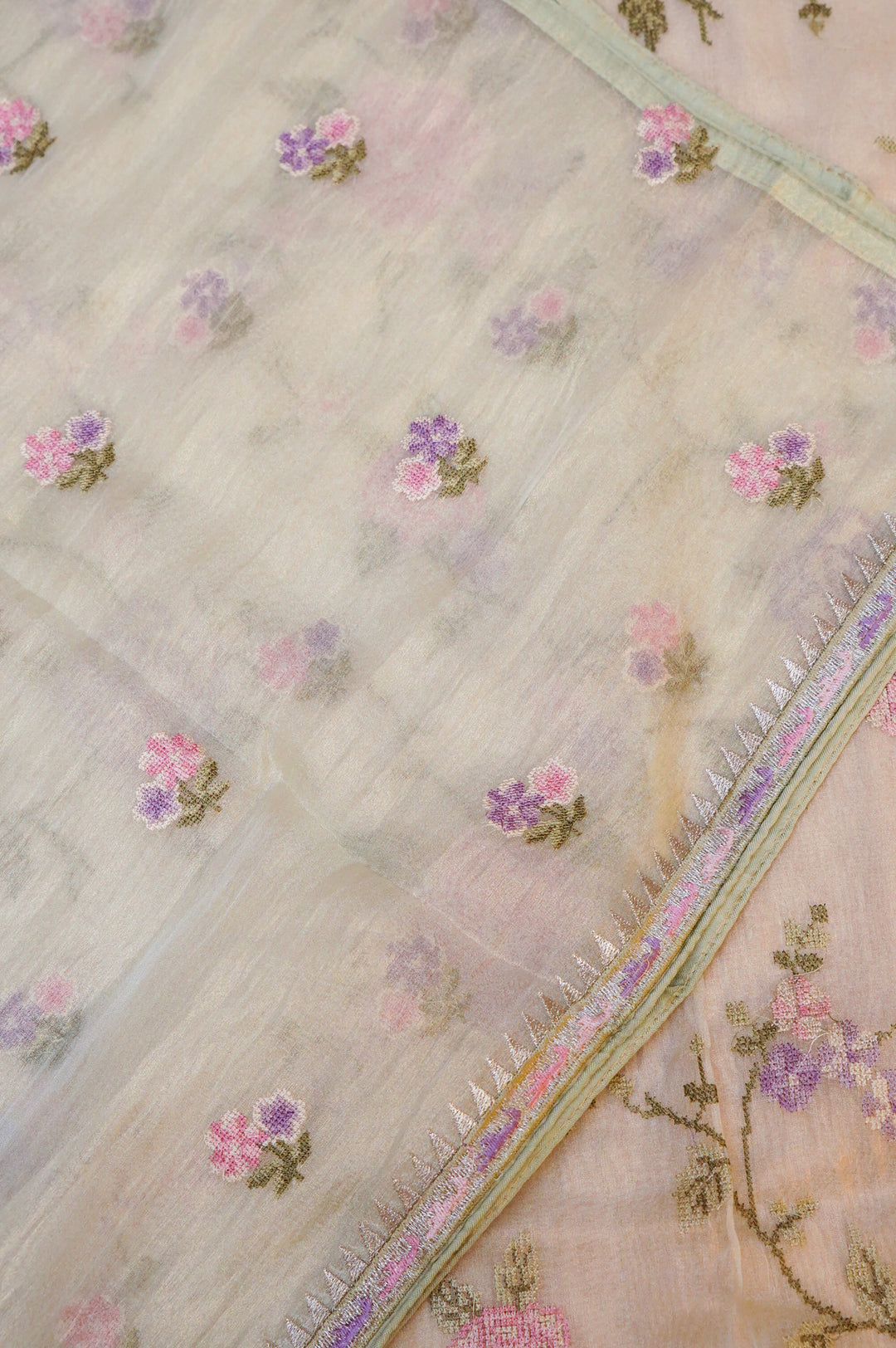 Beige Banarasi Crush Tissue Silk Suit Set with Embroidery Work