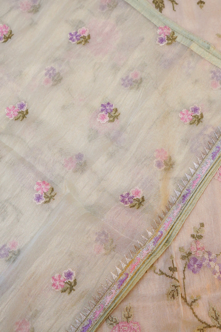 Beige Banarasi Crush Tissue Silk Suit Set with Embroidery Work