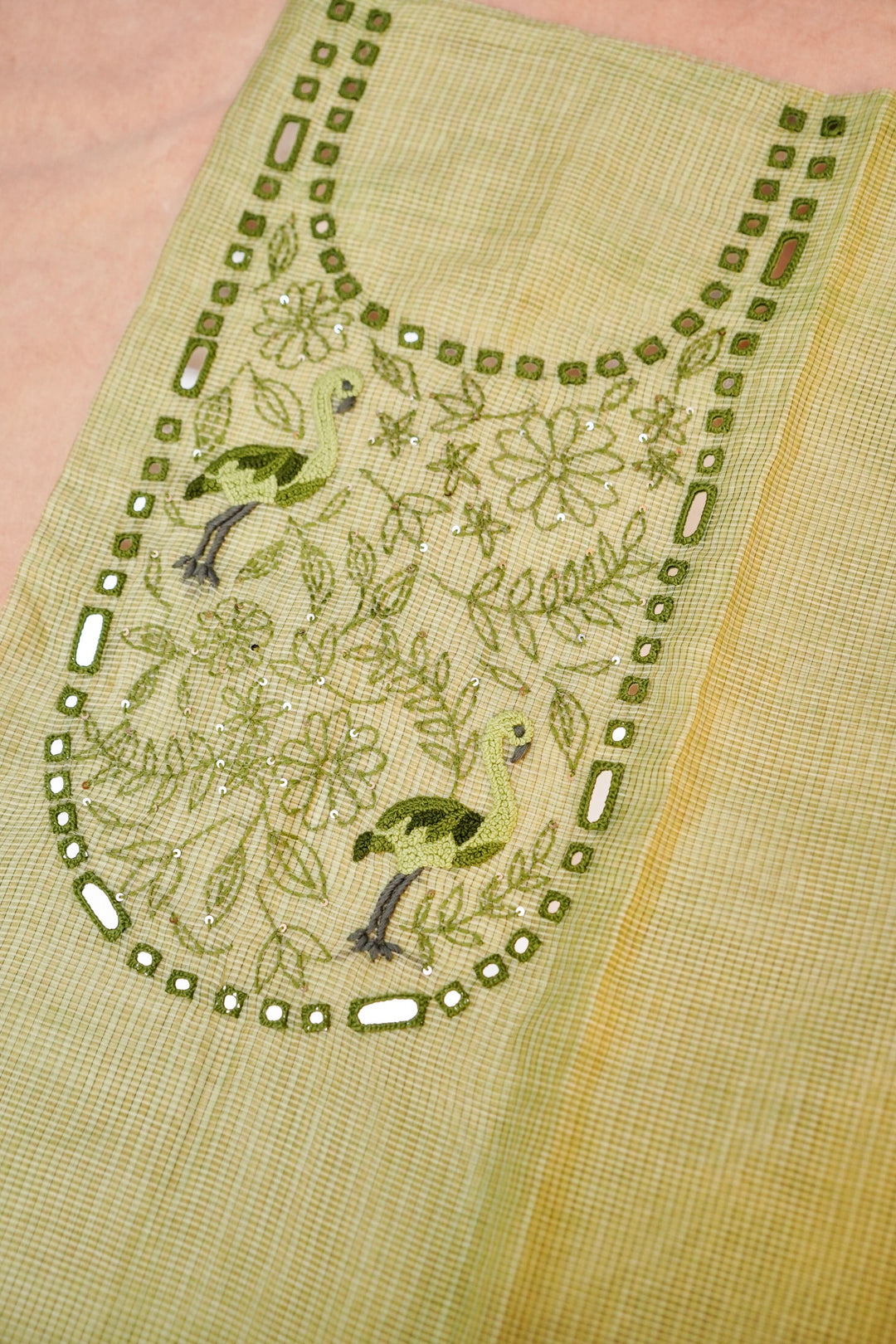 Pastel Green Pure Chanderi Kota Fabric with French Knot Thread Embroidery