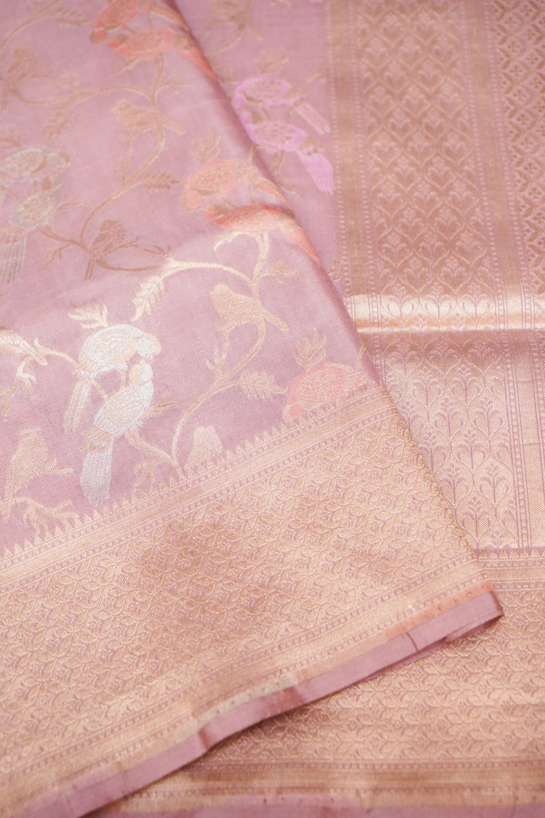 Rose Gold Pure Banarasi Handloom Katan Silk Meenakari Jaal Bird Motifs Saree