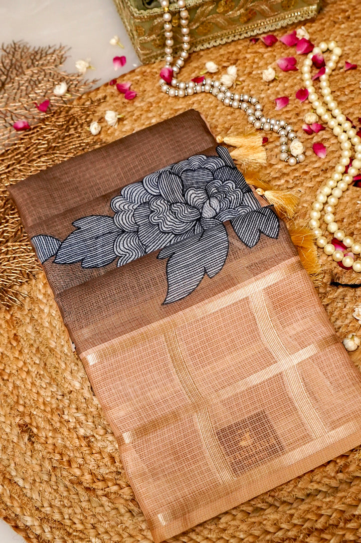 Sugar Brown Kota Check Saree with Printed Body and Zari Weave Check Border View 1