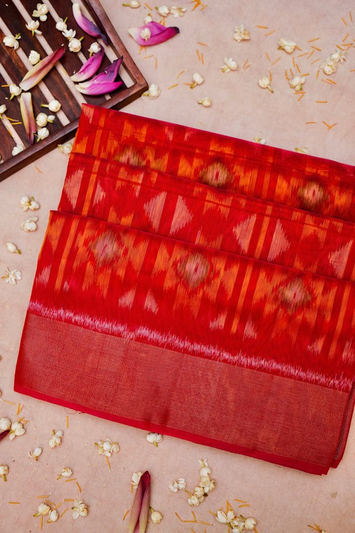 Banarasi Red Patola Cotton Silk Saree with Printed Geometric Designs
