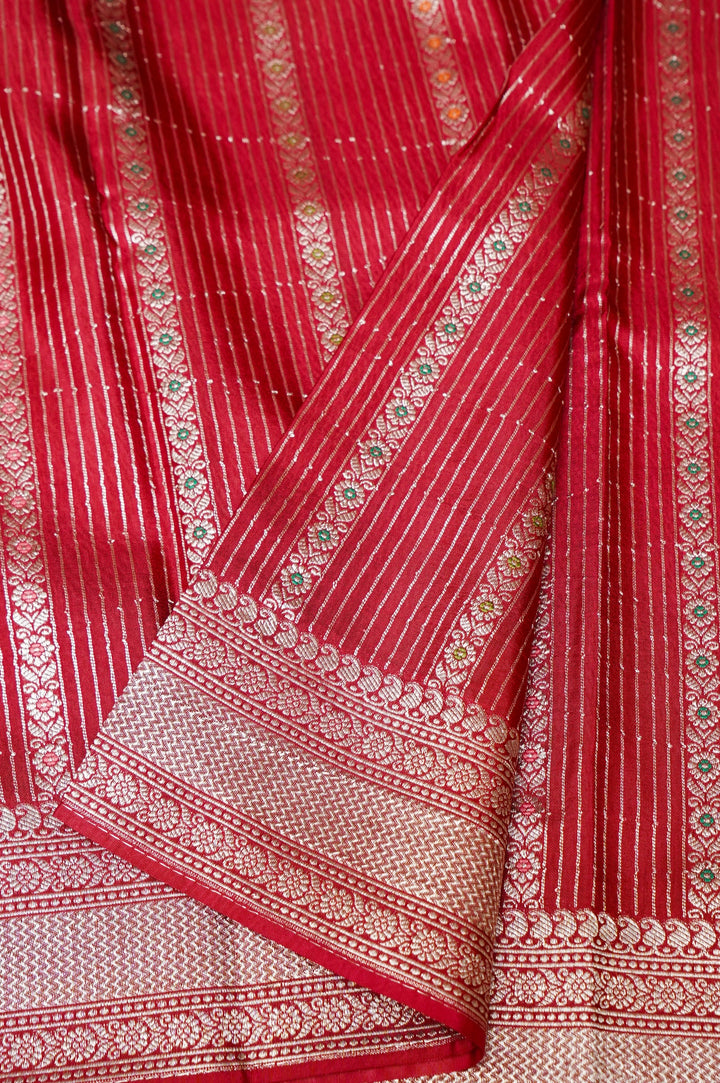 Cherry Red Banarasi Soft Silk Bridal Meenakari Stripes Saree