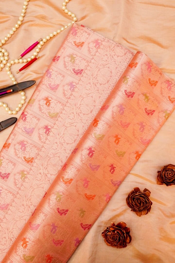 Peach Pure Handloom Banarasi Katan Silk Meenakari Saree