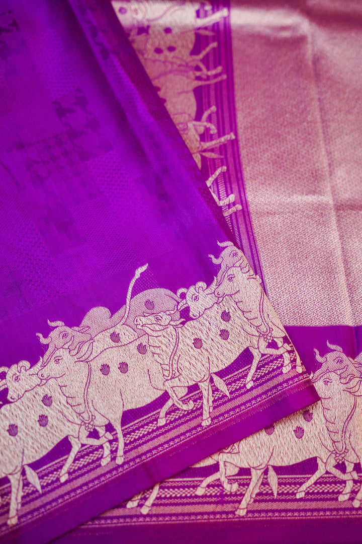 Handwoven Purple Banarasi Pure Katan Soft Silk Saree with Golden Zari Weave Nandi Motif Border