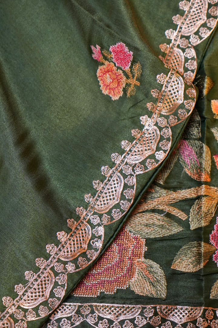 Dark Green Crepe Tissue Silk Suit Set with Pitta Zari and Embroidery Work