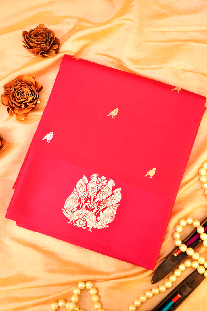 Handwoven Bridal Banarasi Pink Pure Katan Silk Birds Motif Saree