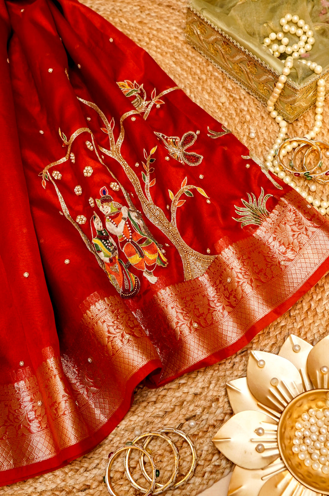 Ruby Red Maharani Tissue Silk Radha Krishna Motif Saree View 1
