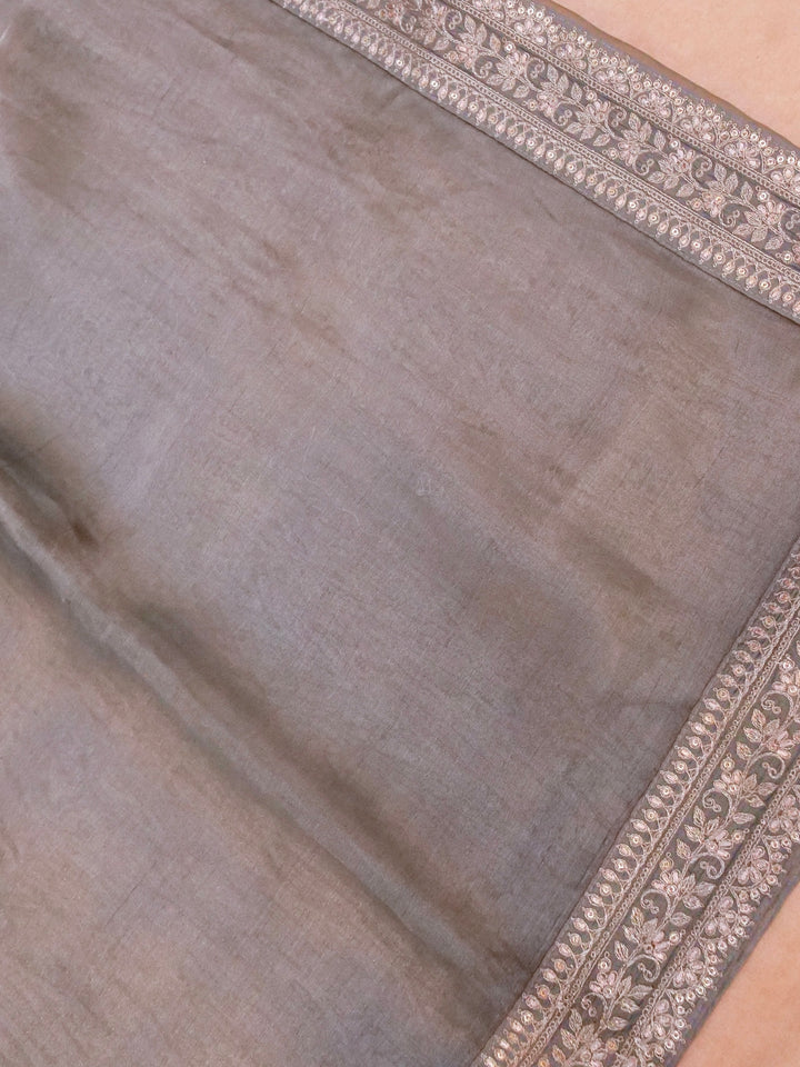 Silver Grey Pure Katan Tissue Saree with Pitta Zari Sequin Border and Heavy Embroidered Georgette Blouse View 2
