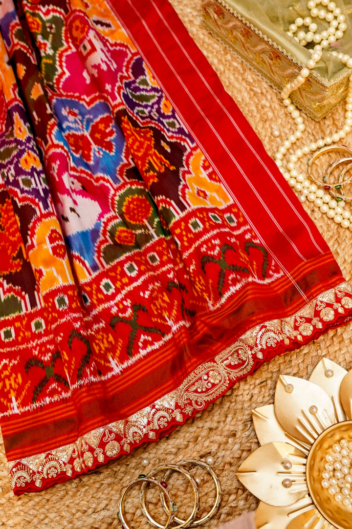 Red Pure Ikkat Patola Saree with Zardozi Embroidery View 1