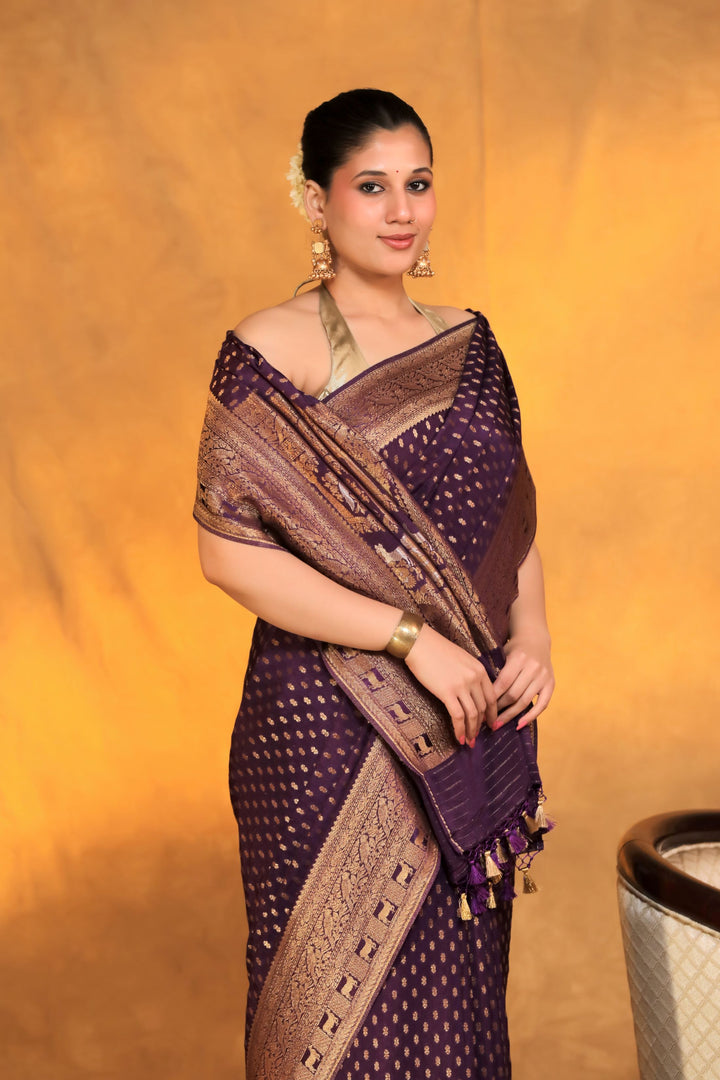 dark purple chinon georegette zari weave shikargah border meenakari saree closeup view