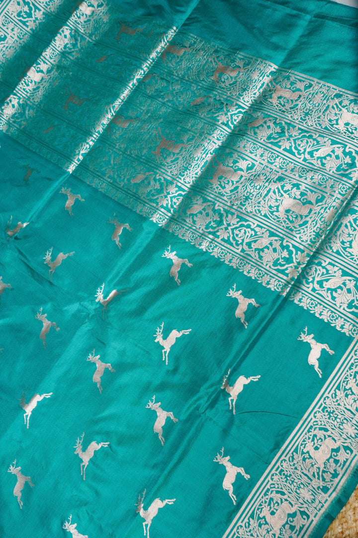 Sea Green Handwoven Banarasi Pure Katan Silk Saree with Deer Motif