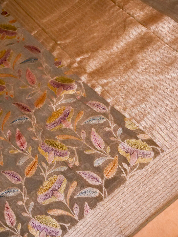 Banarasi Grey Meenakari Khaddi Georgette Saree with handbrush Meena