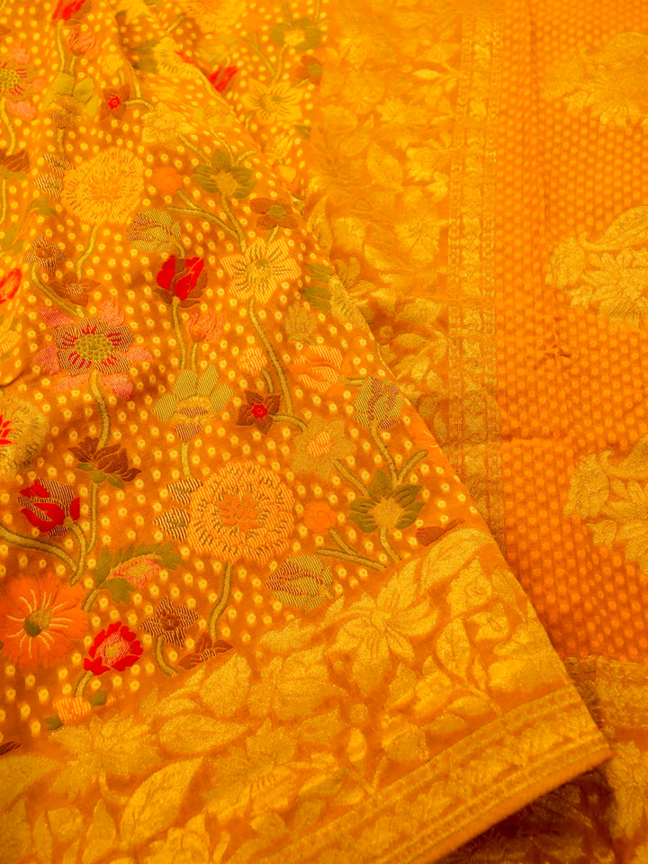 Mustard Yellow Khaddi Georgette Saree with Resham Weave Meenakari Jaal and Bandhani Booti