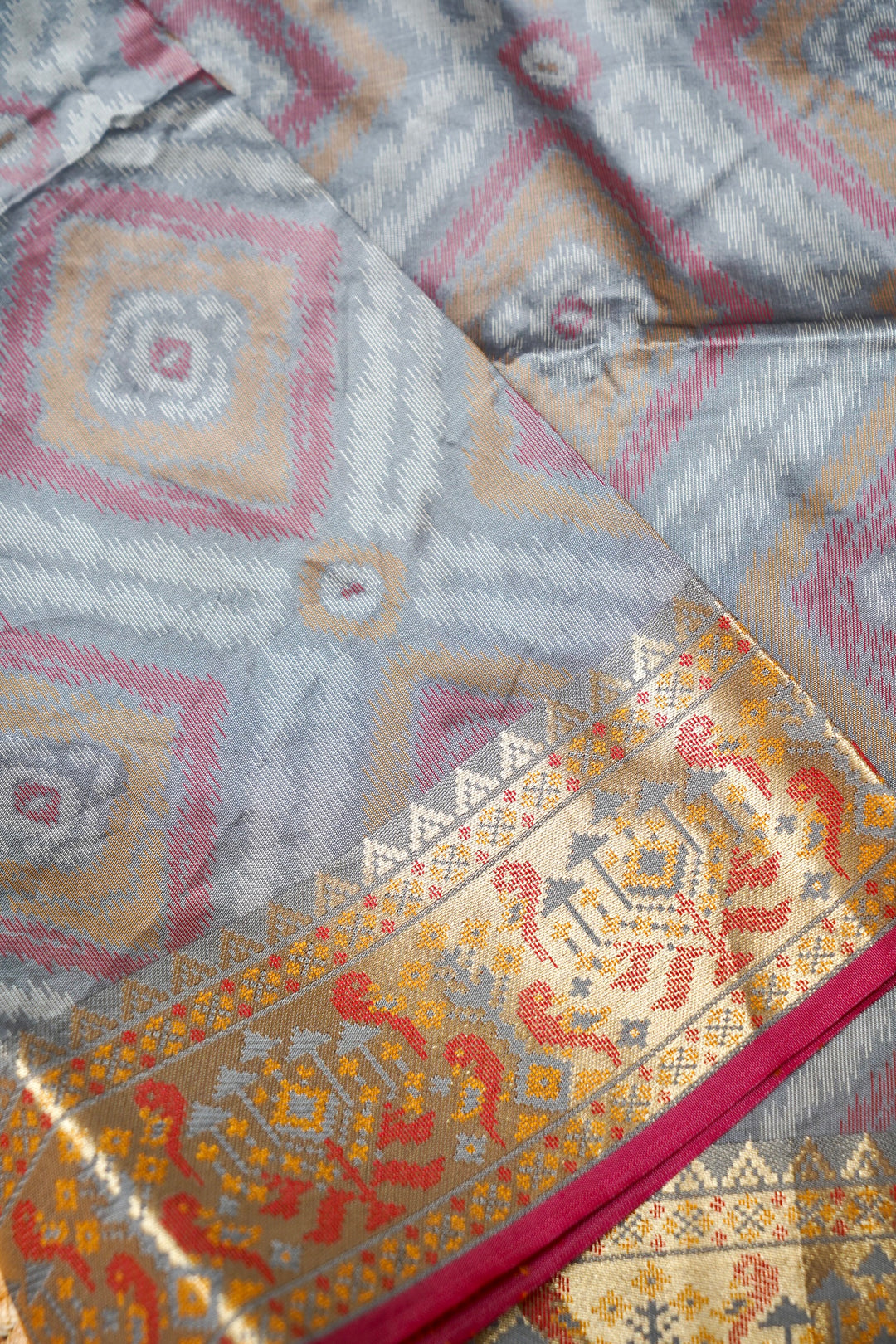 Grey Soft Silk Ikat Inspired Saree with Golden Zari Heavy Border & Pallu